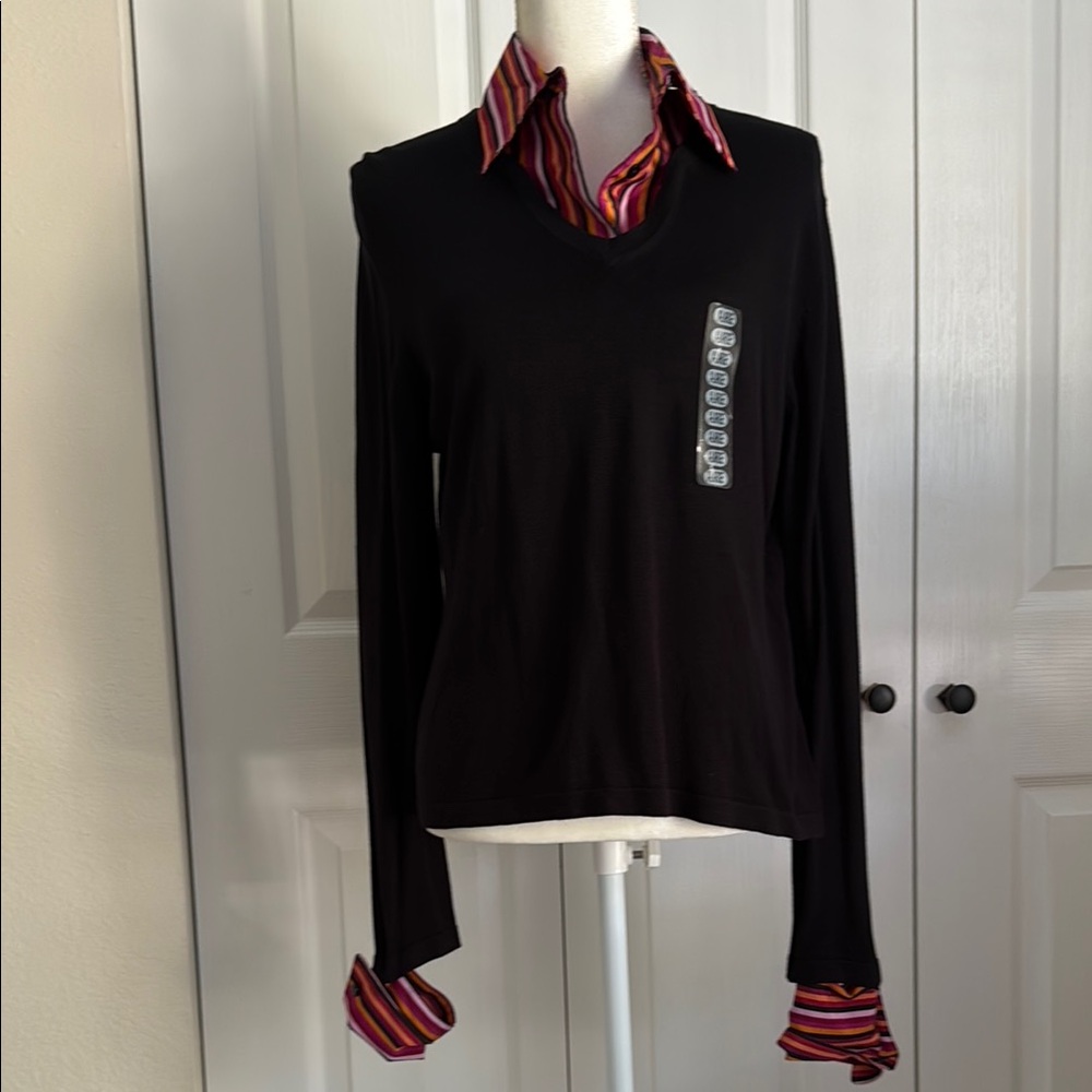 August Silk SZ XL Women’s  Shirt with Removable Striped Dress Shirt Collar